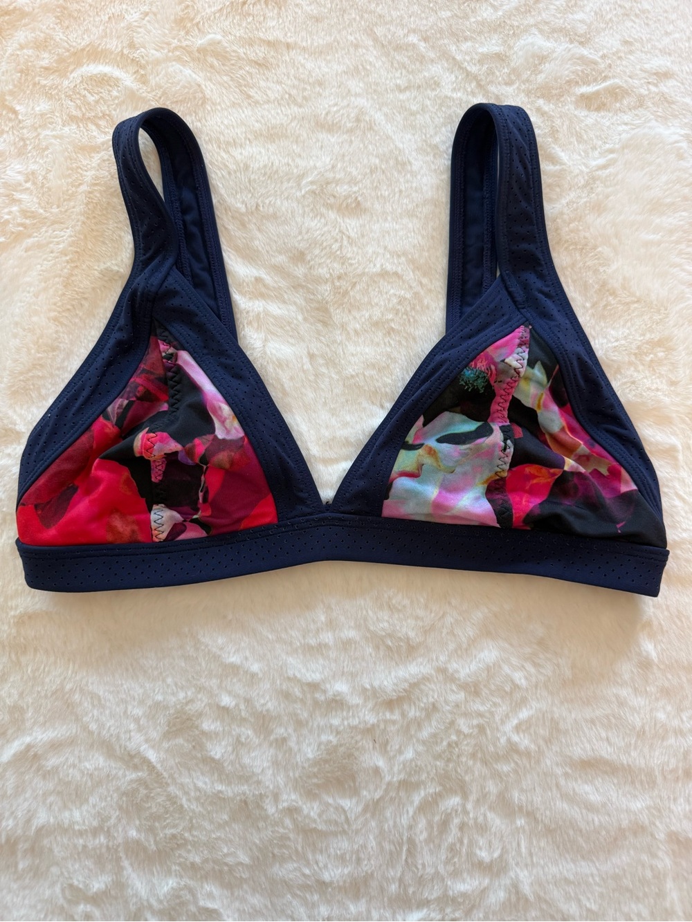 Athleta Navy bikini top with Pink Floral Accents